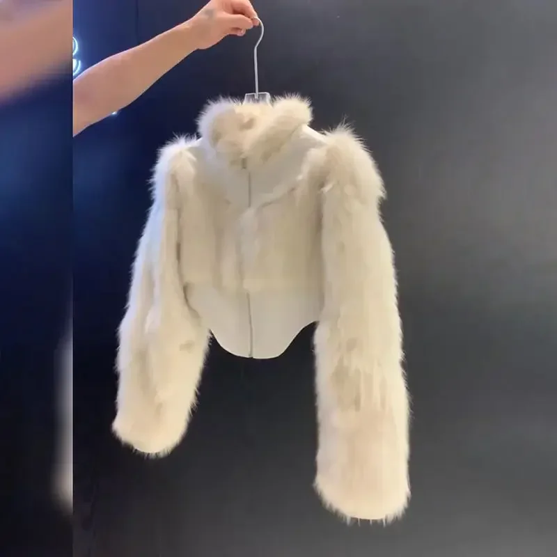 Abrigo de piel sintética de visón empalmado de PU blanco para mujer, chaqueta de retales de piel de zorro con cremallera, cárdigan, Parka flocado, Top de otoño e invierno