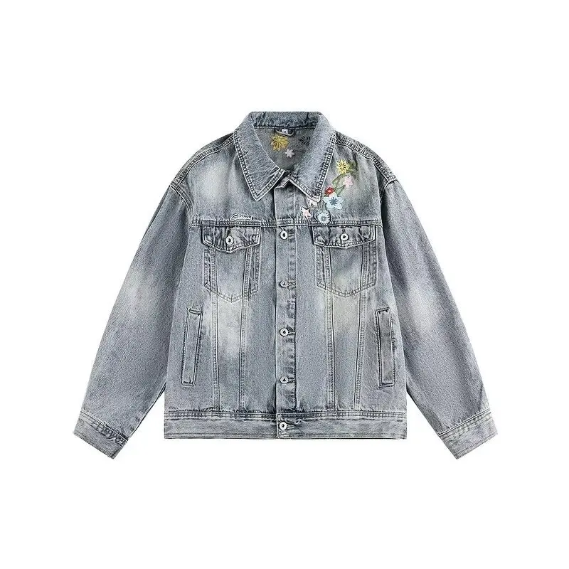 Mens Vintage Denim Jacket High Street Trend Loose Streetwear Riding Biker Coat Casual Lapel Button Down Fashion Outwear
