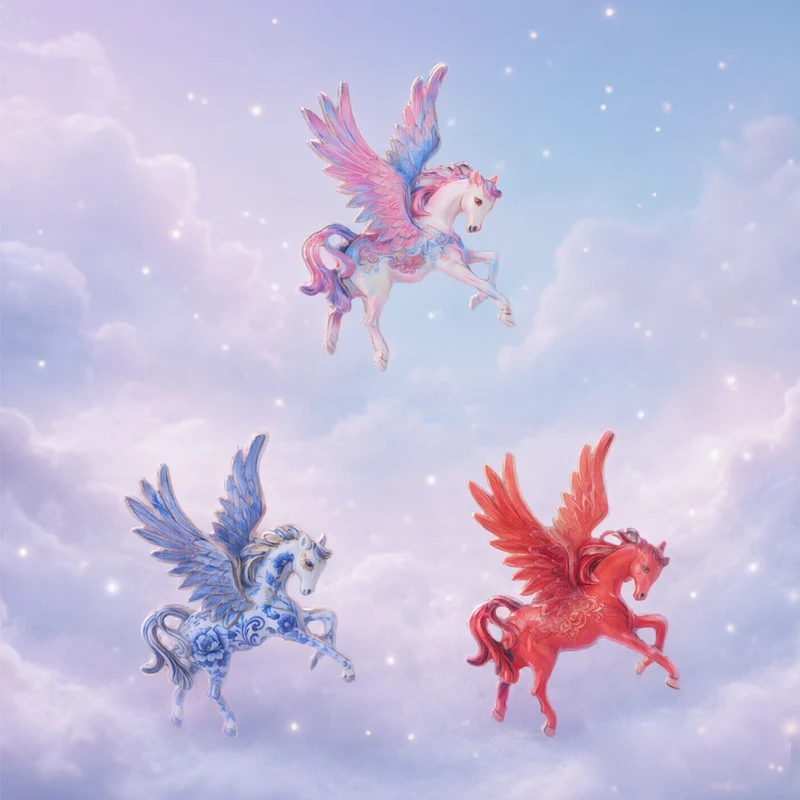 Chinese Style Pegasus Enamel Badge Set Porcelain Pattern Red Floral Winged Horse Mythical Creature Brooch Lapel Accessory Gift