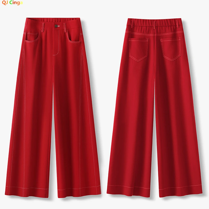 Red Women's High Waist Wide Leg Pants, 2024 Spring New Casual Straight Loose Female Trousers,Fashion Girls Pant,27,28,29,30,31