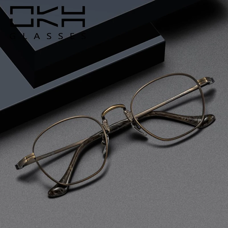 OKH Retro Carved Men Simple Design Ultra Light Titanium Square Large Frame Custom Prescription Myopia Glasses T53