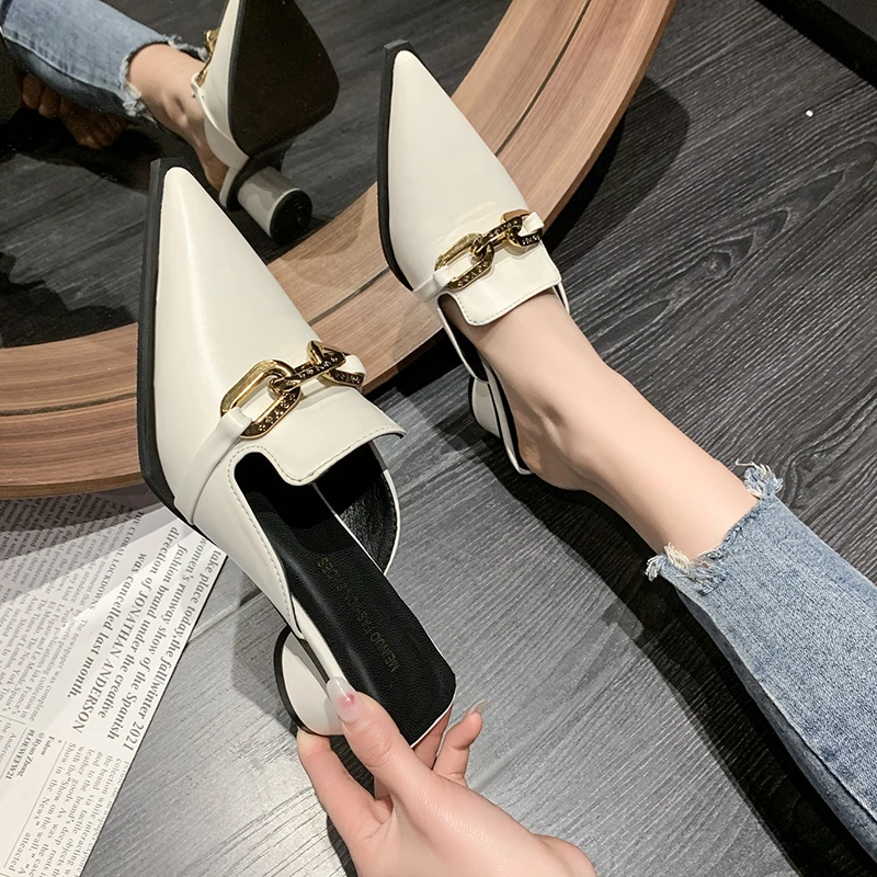 2022 Summer Luxury Women Black High Heels Slippers Close Toe Block Heels Mules Designer Slip on Loafers Slides Party Shoes