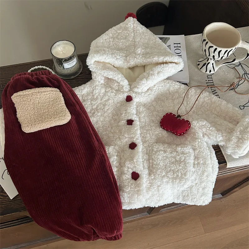 

Children's Clothing New Winter Girls Lamb Wool Fleece-Lined Jacket Red Corduroy Fleece-Lined Pants Set
