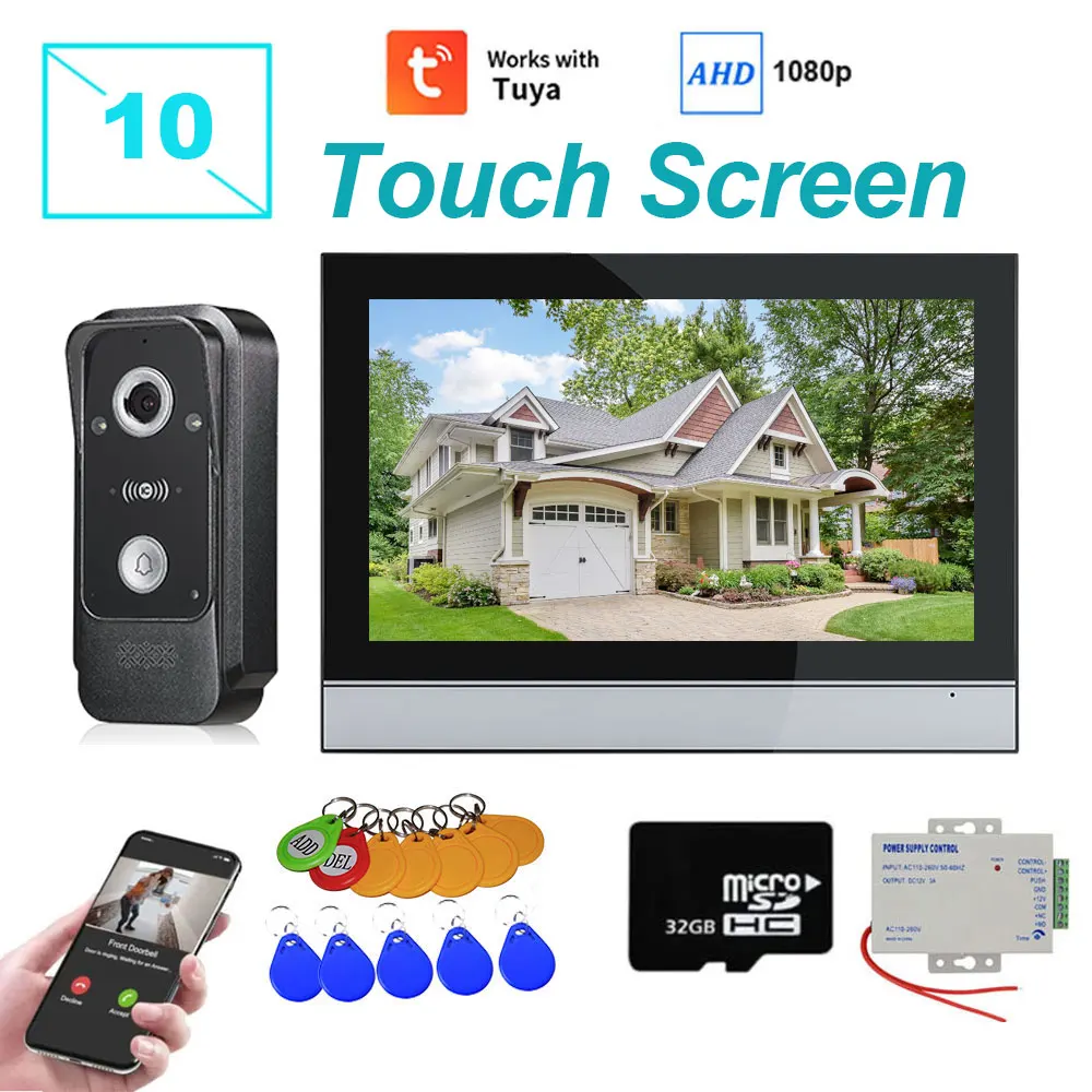 1080P 10 Inch Touch Screen Wifi Video Doorbell, Smart TUYA Home Video Intercom 32G Card Rceord Kit Motion Detection ID Unlcok