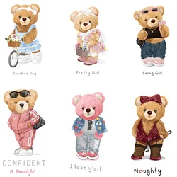 6 piece Cute cartoon teddy bear Patch Hot Press for Clothing DIY T-shirt Stickers