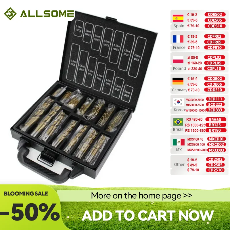 ALLSOME-Conjunto de brocas revestidas a titânio, aço de alta velocidade, brocas torção manuais, HT2386, 99PCs, 1,5mm-10mm