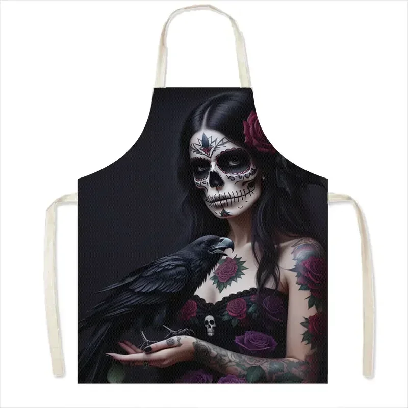 Flower Holy Death Kitchen Aprons Santa Muerte Mexico Skull Home Cleaning Clothing Linen Pinafore Waterproof Chef Cooking Apron