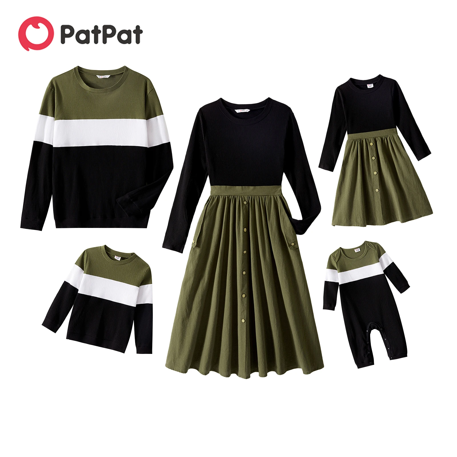 Roupas combinando família PatPat, manga longa, botão frontal, vestidos emendados sólidos, tops de malha costela colorida, conjuntos de roupas de