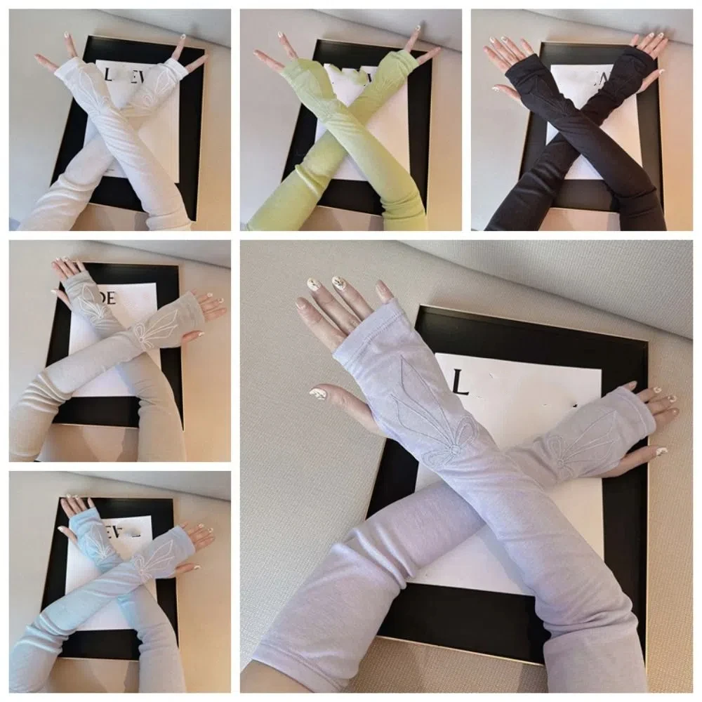 Dulce arco mangas de hielo estilo coreano bordado transpirable mangas largas de poliéster protección solar brazo protector solar cubre al aire libre