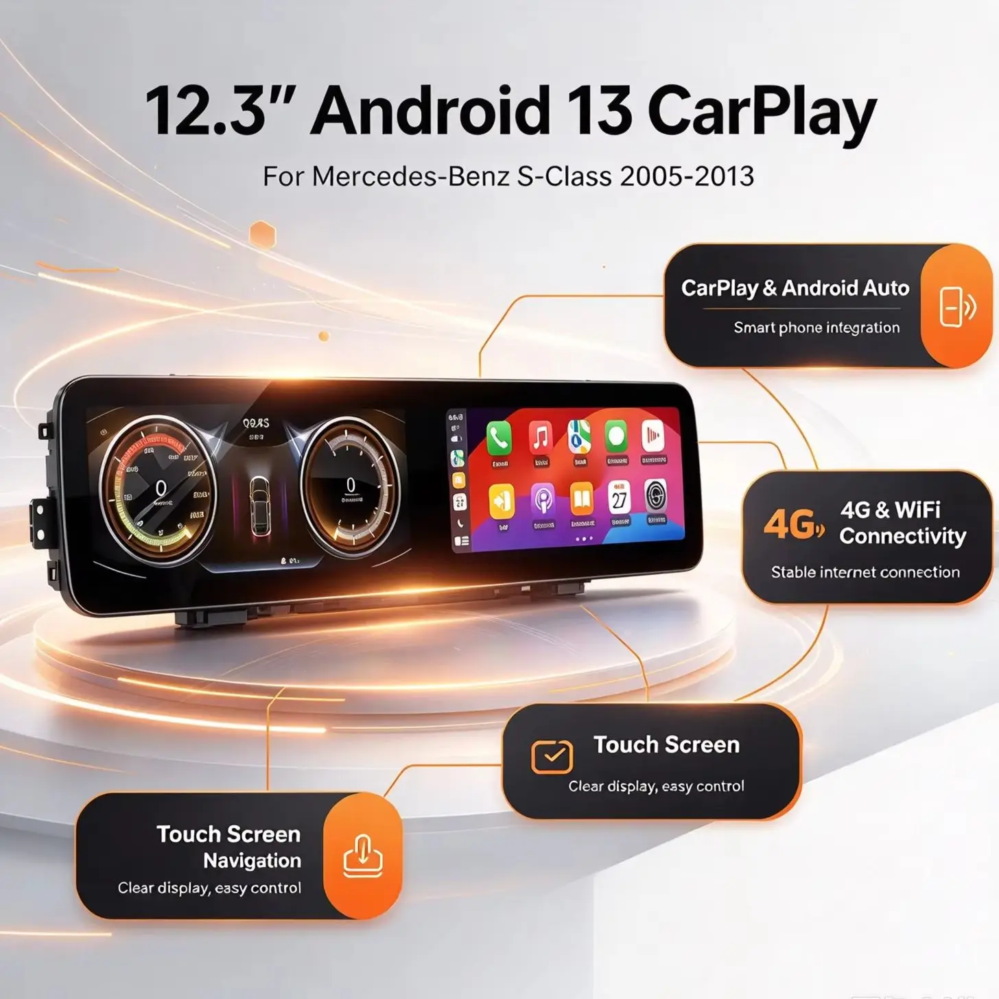 Android 13 CarPlay 4G WIFI Car Radio Stereo GPS Navigation Touch Screen Head Unit For Mercedes Benz S Class 2005-2013