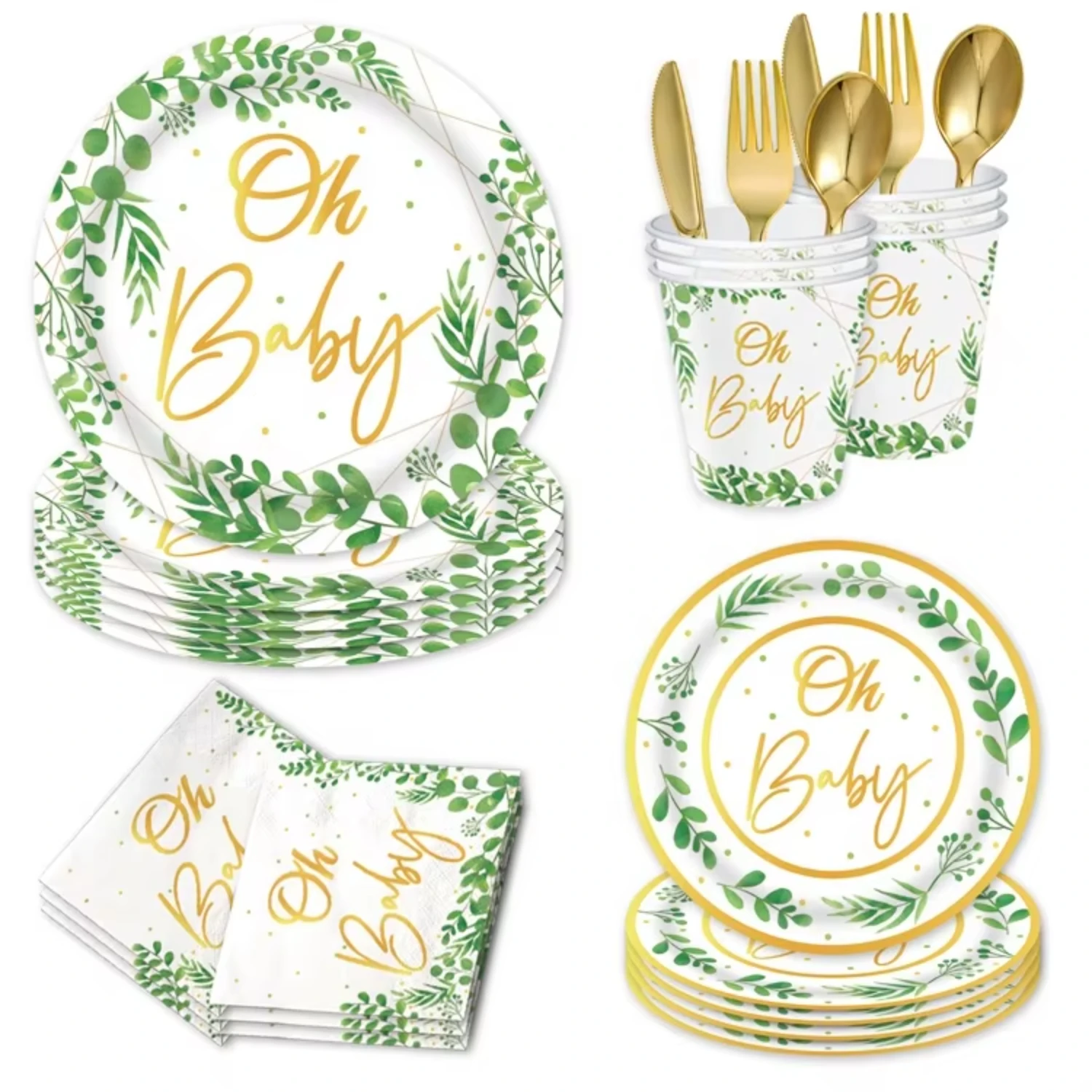 

16 sets Sage Greenery Baby Shower Party Supplies Gold Oh Baby Plates Napkins Cups Jungle Baby Shower Theme Party Supplies