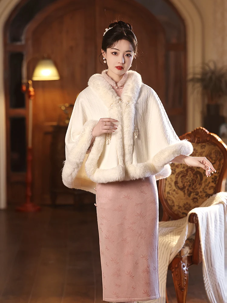 

Утепленный китайский вязаный плащ-накидка с флаговым узором, осенне-зимний, универсальный, теплый, из флиса, красивая верхняя одежда