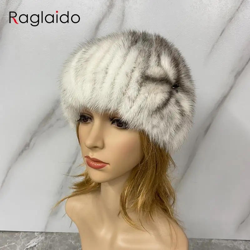 

Female Snow Knitting Hat Real Mink Fur Floral Beanies Striped Warm Woman Winter Hats Luxury Furry Domo Hat