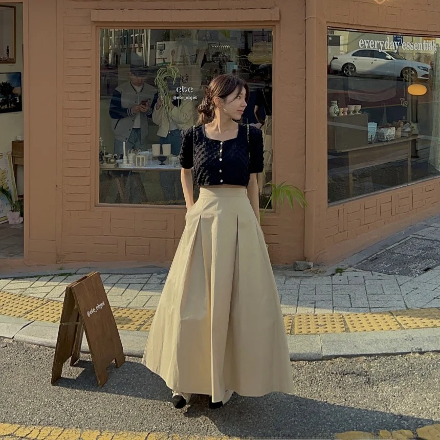 

Шикарная складная юбка длиной до пола в стиле ретро, женская утягивающая универсальная длинная юбка с эластичной резинкой на талии, большой зонтик, корейская длинная юбка для поездок на работу