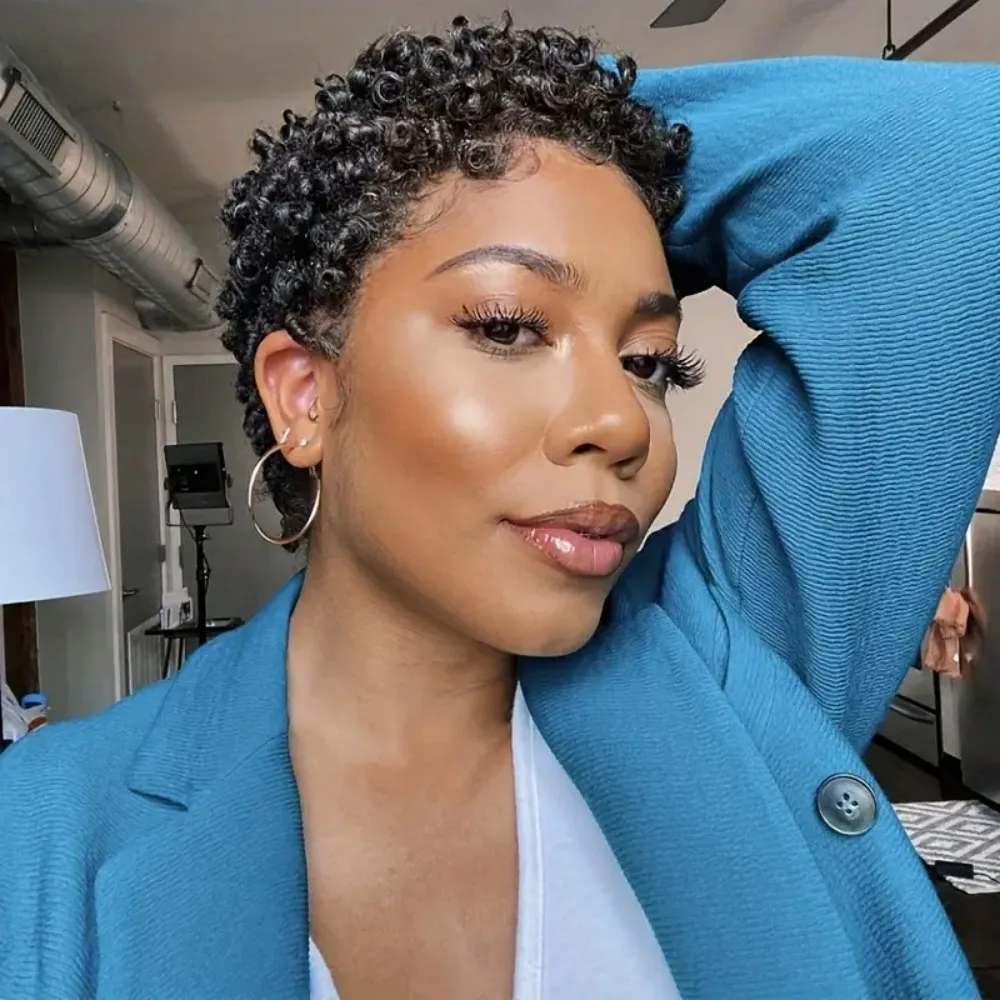 여성용 짧은 곱슬머리 인모 풀머신 가발