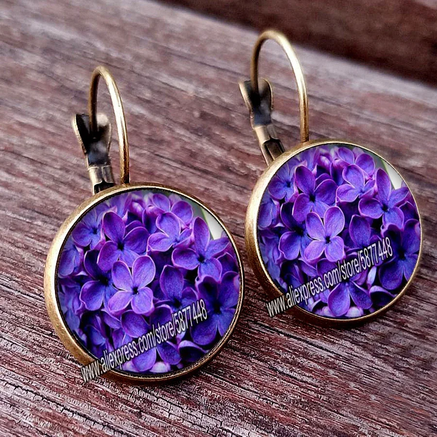 New Arrival Lavender Flower Women Stud Earring  Purple Flower Glass Cabochon Womens Earrings