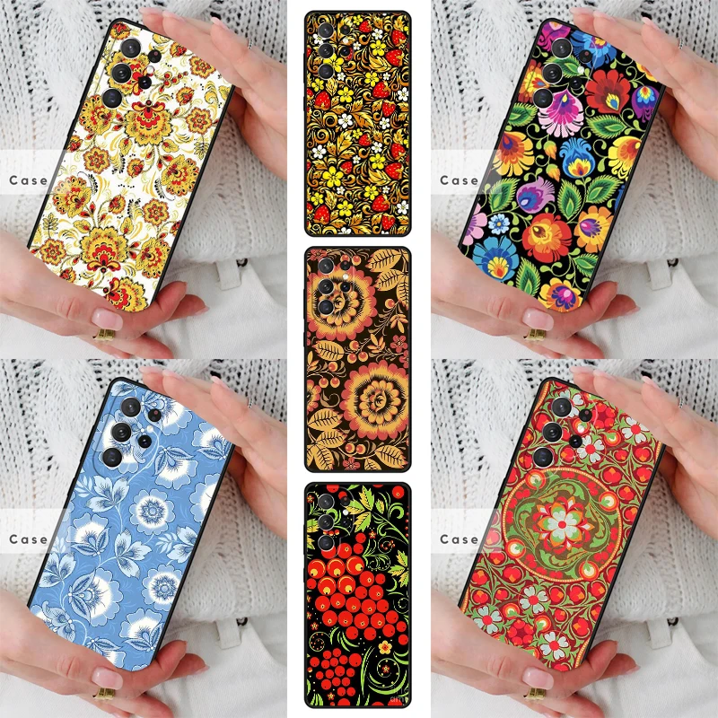 Khokhloma Russian Pattern Flower TPU Phone Case for Samsung Galaxy S26 S25 S24 S23 S22 S21 S20 Note10 Plus FE Ultra Cover
