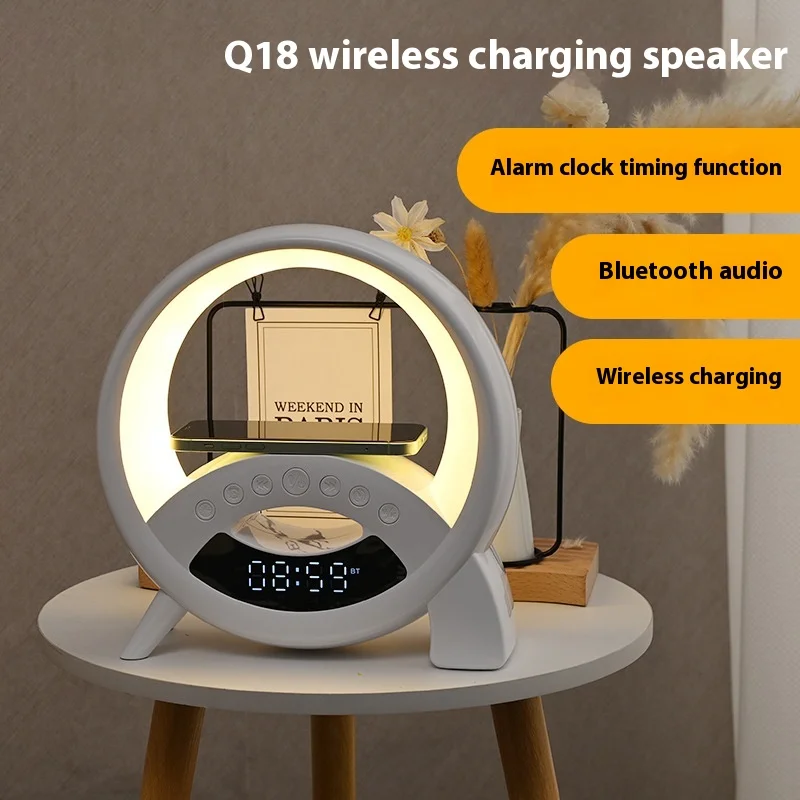 Multi-function Bluetooth Speaker Display Clock Alarm Clock Night Light 15W Wireless Charging White Dazzling Sound Ambient Light