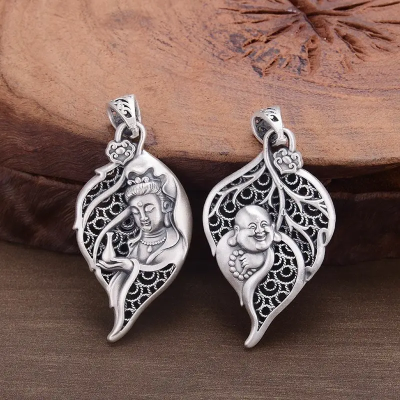S999 Sterling Silver Maitreya & Guanyin Pendant Antique Ethnic Bodhi Leaf Necklace Unisex Hand Engraved Buddhist Artisan Gift