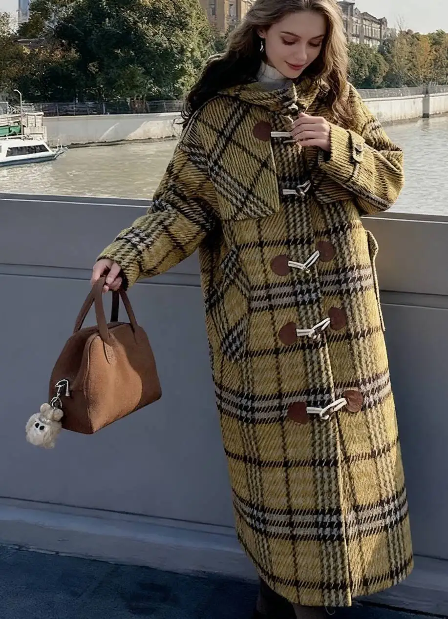 

Шерстяные пальто Женское шерстяное пальто с добавлением хлопка Зимний полиэстер Клетчатая стеганая смешанная на пуговицах двусторонняя талия закрытая толстая