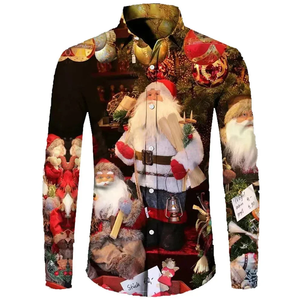 2023 Men's Christmas Party Shirt Christmas Print Pattern Comfortable Soft Fabric Cardigan Button Men's Casual Top