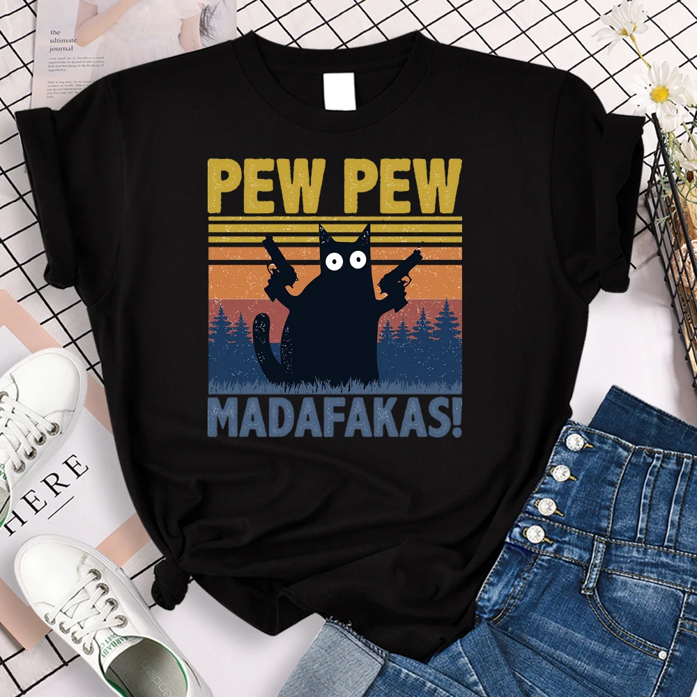 Woman T-shirt Pew Pew Madafakas Print Harajuku Anime Cartoon Top Summer Short Sleeve Cotton Loose Tee Shirt Female Casual Tshirt