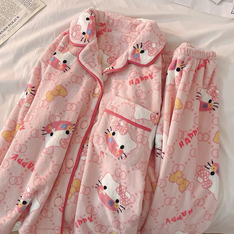 Sanrios Kuromi Hello Kitty My Melody Autumn Winter Cartoon Coral Velvet Pajamas Lapel Cardigan Flannel Thickened Home Clothes