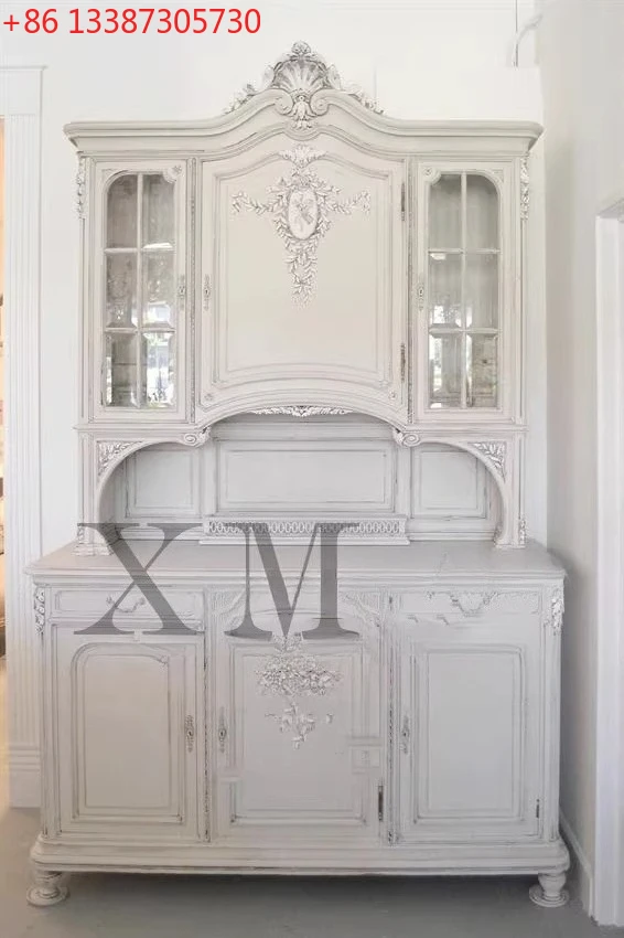 

French antique solid wood furniture retro carved dining side cabinet display cabinet antique wine cabinet