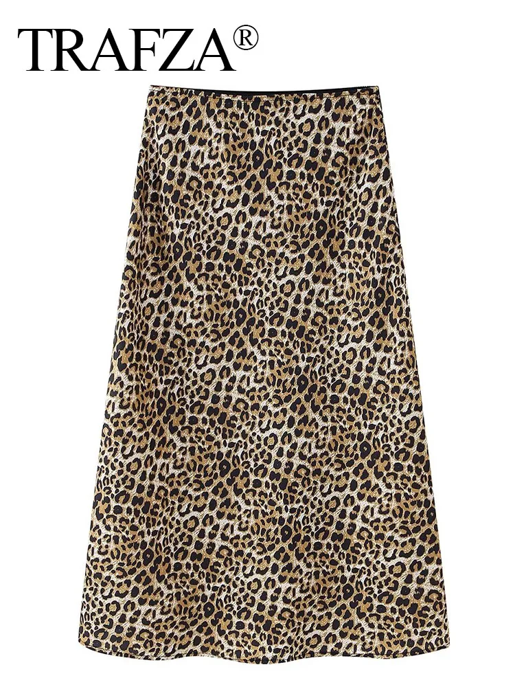 TRAFZA Women's Chic Casual Leopard Print Midi Skirts Summer Fashion Vintage Street Hem Folds High Waist Zipper A-Line Skirt Y2K