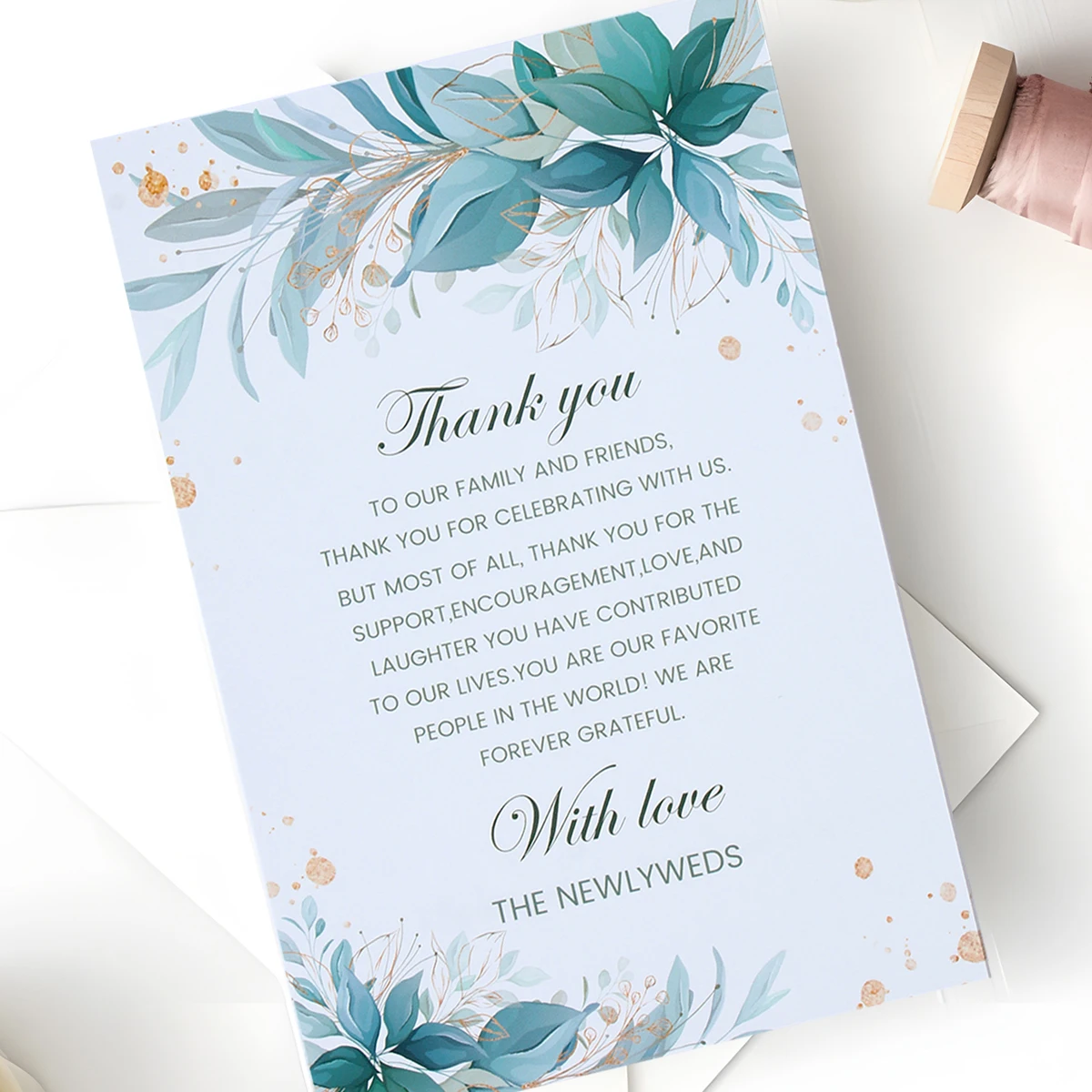 25Pcs Wedding Green Leaf Gold Dot Border Thank You Card Wedding Party Decoration Adult Ceremony Banquet Table Thank You Postcard