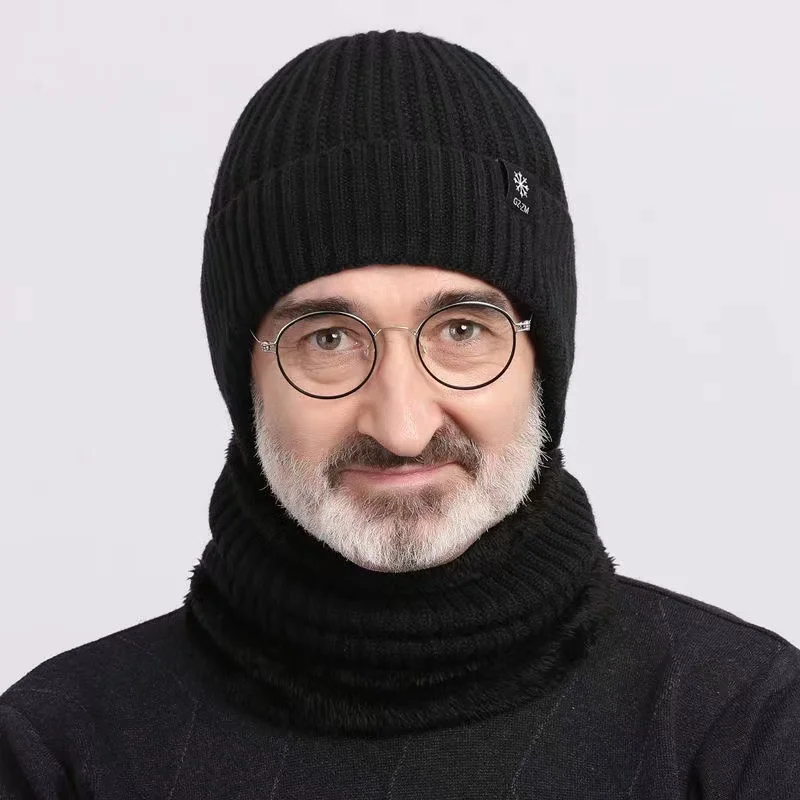 Winter Elegant 2-piece Sets For Men Dad Knit Cap Velvet Hat Coral Fleece Scarf Outdoor Riding Thickening Plus Neck Protect Cap