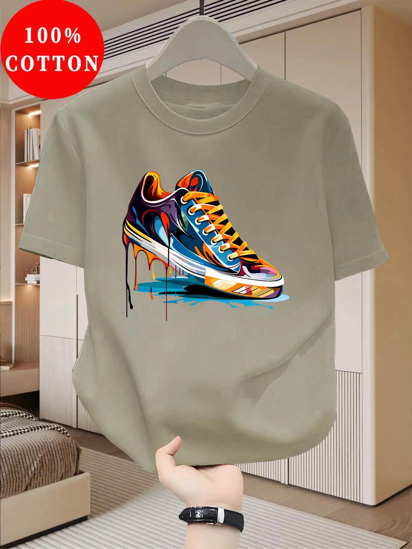 Summer Men's 100% Cotton Casual Personalized Trendy Sneakers Graffiti Printed Loose Round Neck Short Sleeve T-shirt view 6