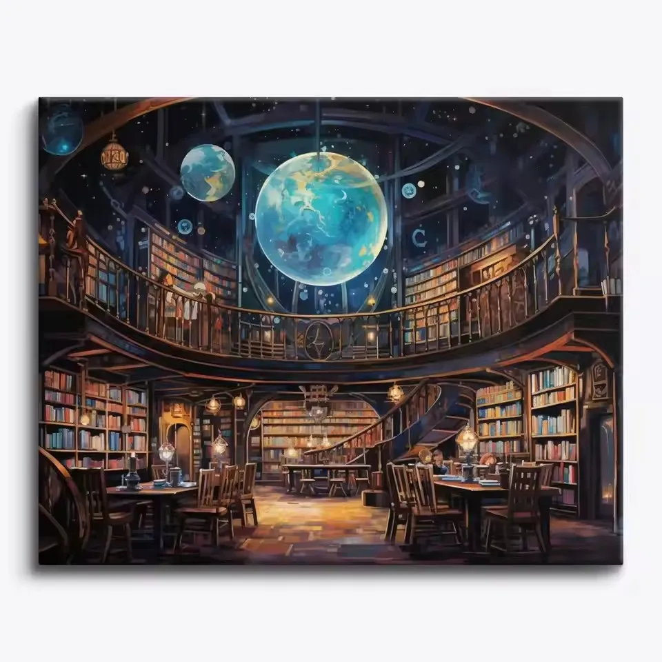 Libreria Pittura Diamante Paesaggio Fantasy Decorazione Della Casa Paesaggio Artistico Punto Croce Mosaico Diamante Quadrato Rotondo Completo-image