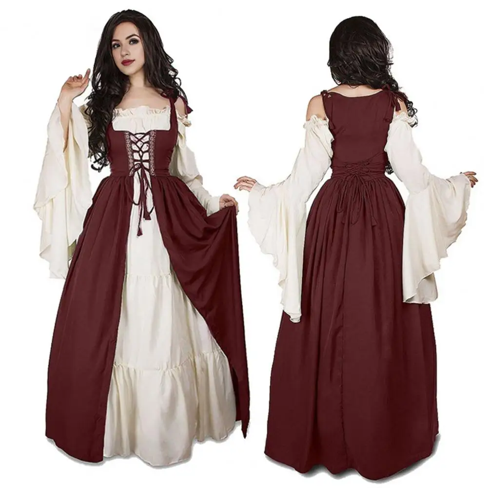 Dress Vintage Renaissance Medieval Court Halloween Costume Maxi Dress Elegant Lace-up Patchwork with Flowy Sleeves Tight Waist