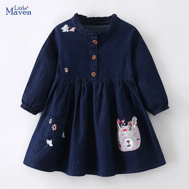 Little maven Children\'s Clothing Baby Girls Princess Dress Autumn Long Sleeves Cartoon Rabbits Embroider Cute Girl Denim Dresses