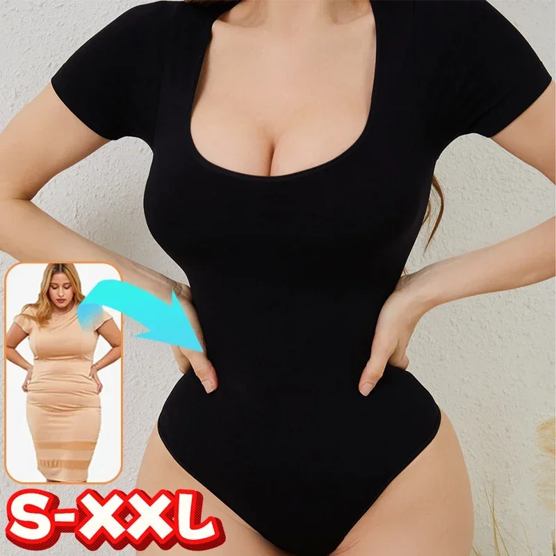 Sexy Short Sleeve Ribbed Square Neck Thong Bodysuits Summer Women Seamless Shaperwear Tummy Control Body Shapers Belly Sculpting