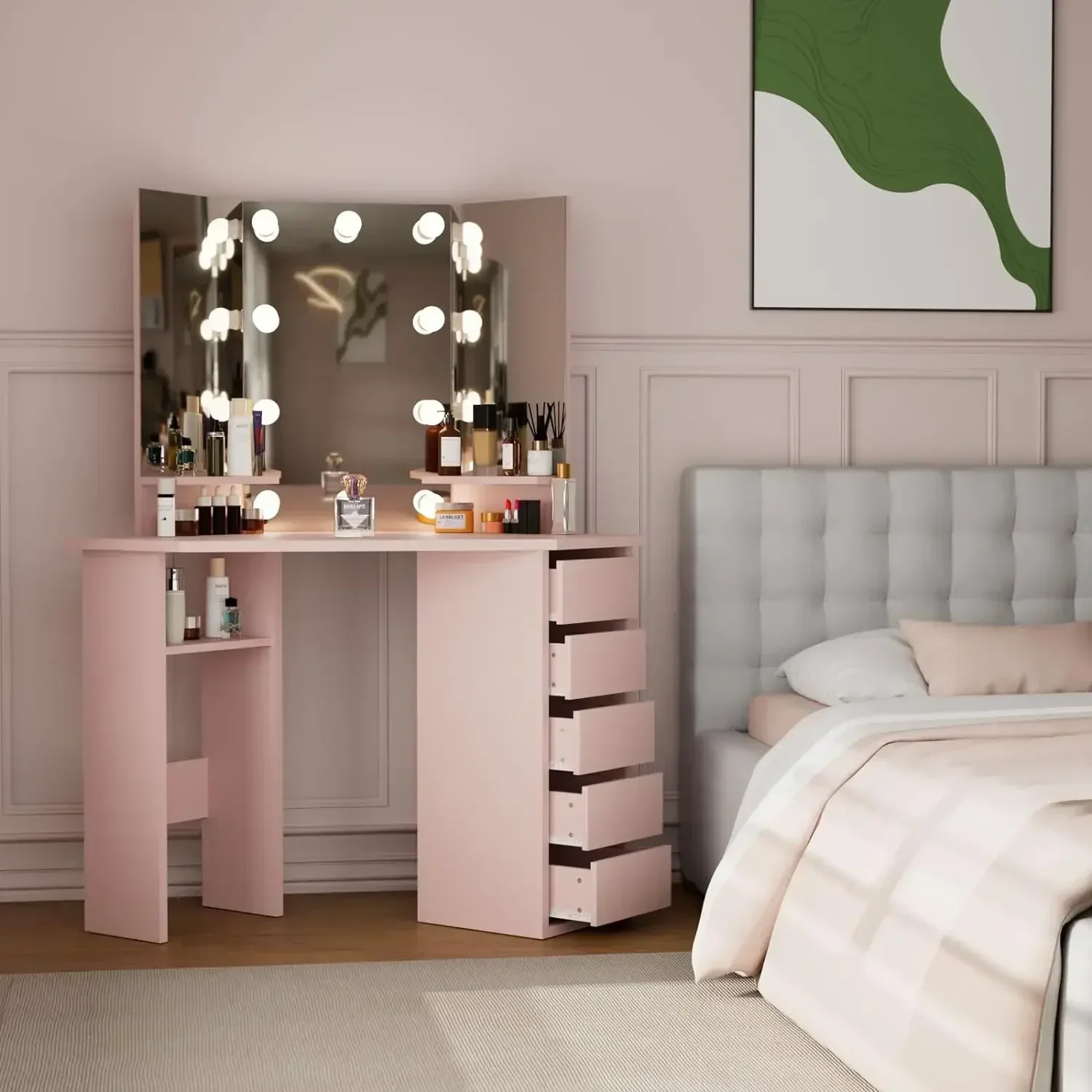 Corner Vanity Desk Drawers and Mirror, Corner Makeup with Mirror and Lights, Small Bedroom Table,Pink