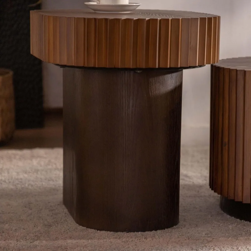 Handcrafted Wooden Nesting Coffee Tables, Modern Luxury Fluted Center Table Set for Living Room