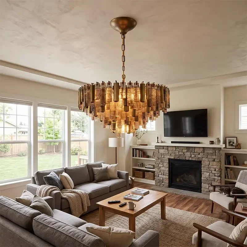 Large Textured Glass Chandelier Organic Modern Cast Glass Round Fixture for Lobby Stairs High Ceiling Living Room Foyer