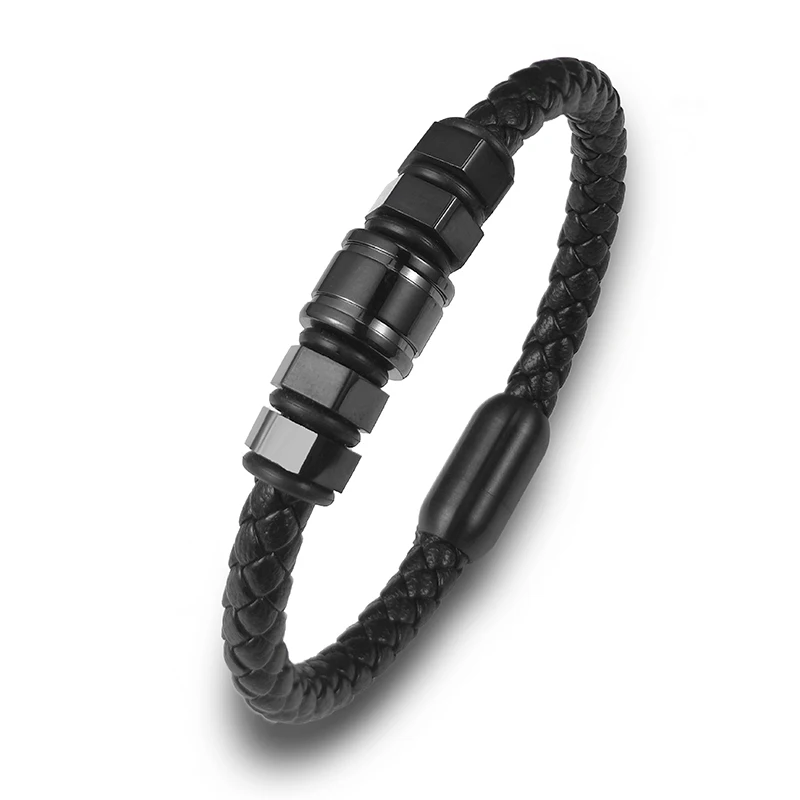 Luxury Simplicity Stainless Steel Hexagonal Shape Men\'s Leather Woven Bracelet Punk Style Men\'s Jewelry Gift Bracelet Homme