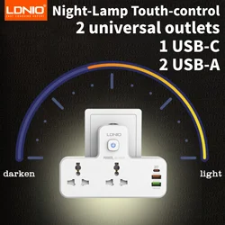 LDNIO Universal Outlets Wall Extension Power Socket Strip 20W PD QC USB ports Fast Charging Power Strip Touch Night Lamp