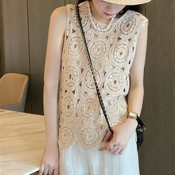 Sheer Crochet Top Embroidery Lace Blouse Sleeveless Open-knit Crop Tops Vest for Women Spring Summer Boho Vacation Outfit