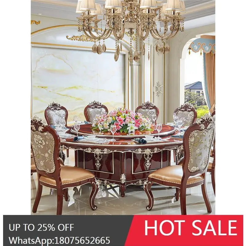 HLZ European-style Neoclassical Dining Table Full Solid Wood Carved Round Large Dining Table with Rotating Tray