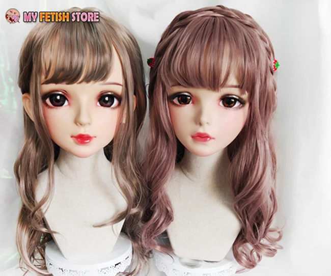 (Wan-04)Female Sweet Girl Resin Half Head Kigurumi BJD Eyes Crossdress Cosplay Japanese Anime Role Lolita Mask With Eyes And Wig