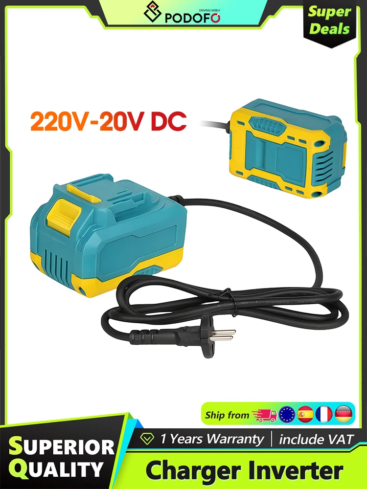 Podofo 220V AC zu 20V DC 40A DC-Stromadapter-Ladegerät-Wechselrichter für 18V-Schnittstellen-Elektrowerkzeuge EU-Stecker für kabelloses Werkzeugzubehör.