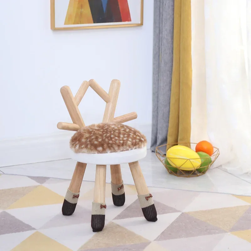 Solid Wood Cartoon Deer Stool for Children, Cute Animal Design Low Chair with Creative Backrest, Perfect Small Furniture