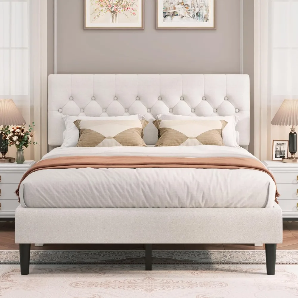 

Queen Size Bed Frame and Headboard, Linen Upholstered Platform Bed with Wooden Slats Support, No Box Spring Needed Mattress