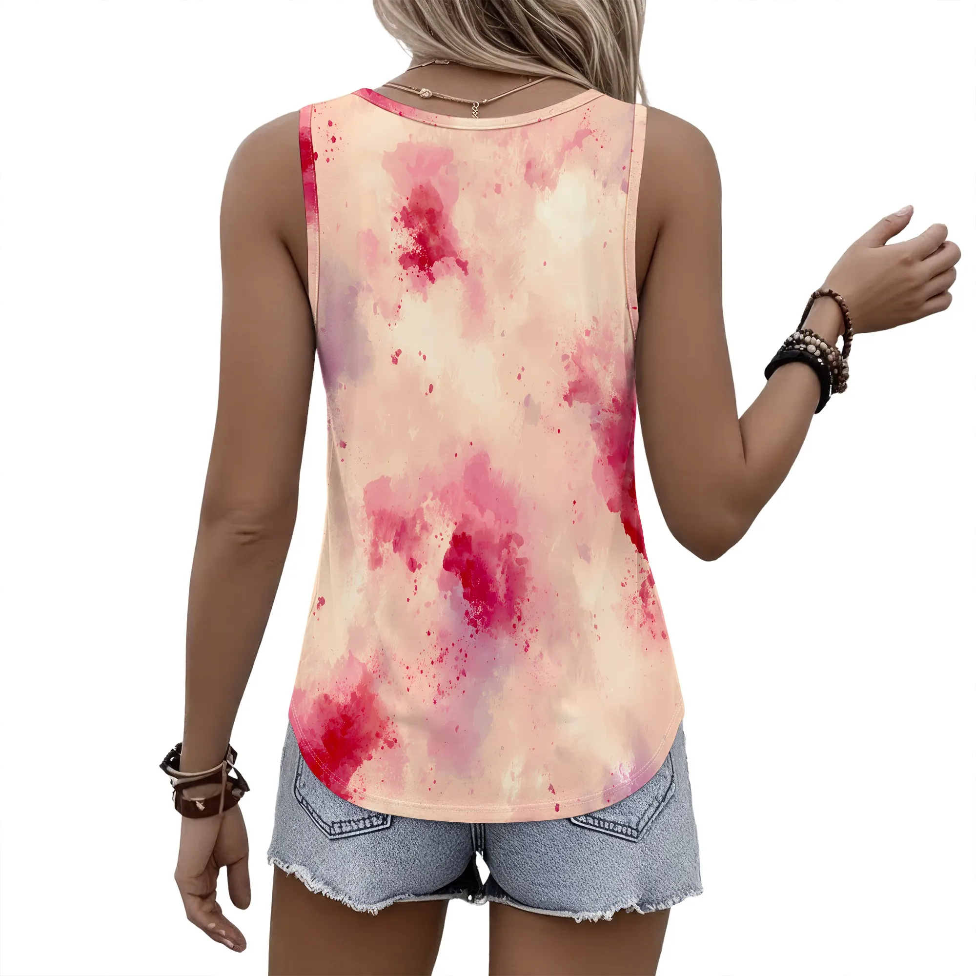 Watercolor Tank Top, Pink Abstract Print Sleeveless Shirt, Soft Summer Blouse For Women, Beach Vacation Wear, S-2XL