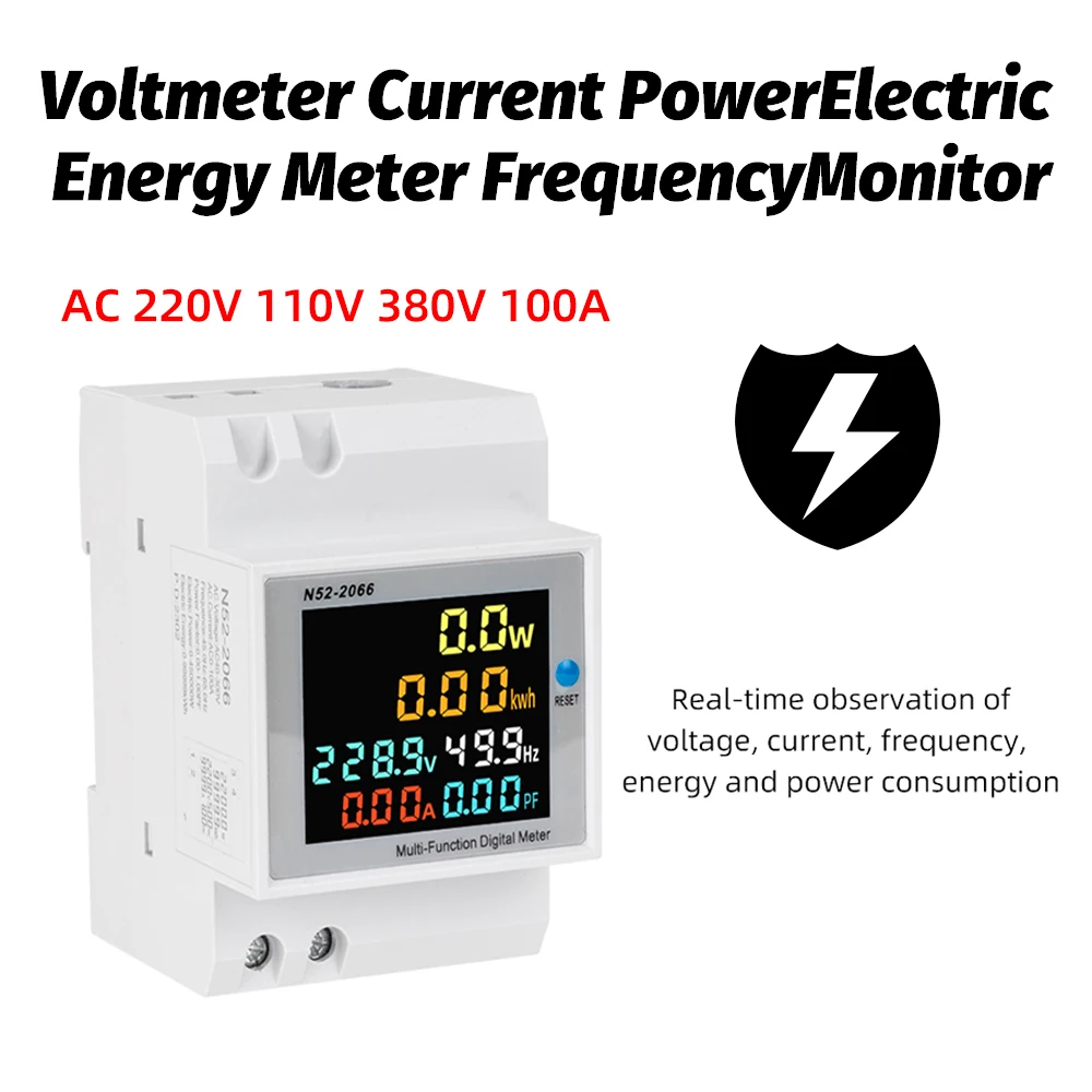 AC 220V 110V 380V 100A Din Rail Digital Power Wattmeter Voltmeter Current Electric Energy kWh Meter Frequency Volt Amp Monitor