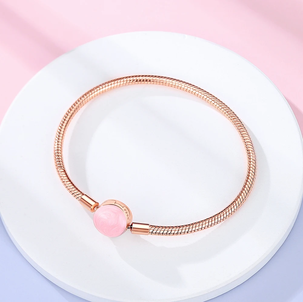 Ahthen 925 Sterling Silver Bracelets Large pink slip-edge Rose Gold Clasp Snake Chain Bracelets Fashion Women Charm Bracelets